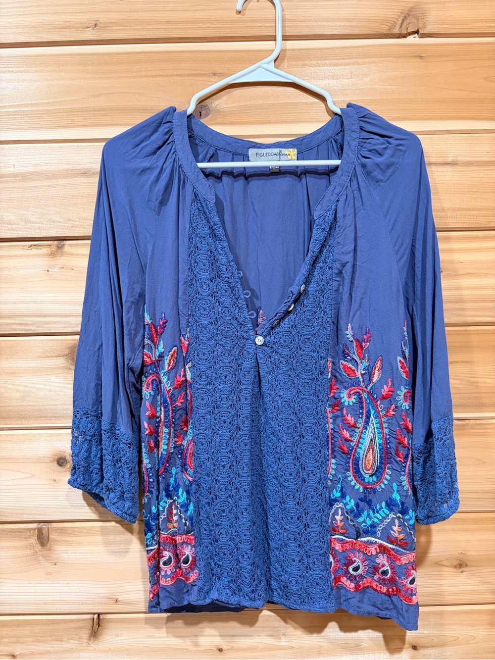 Figueroa & Flower Boho Peasant Top Embroidered Paisley Crochet Lace Blue Medium‎ - Picture 2 of 8